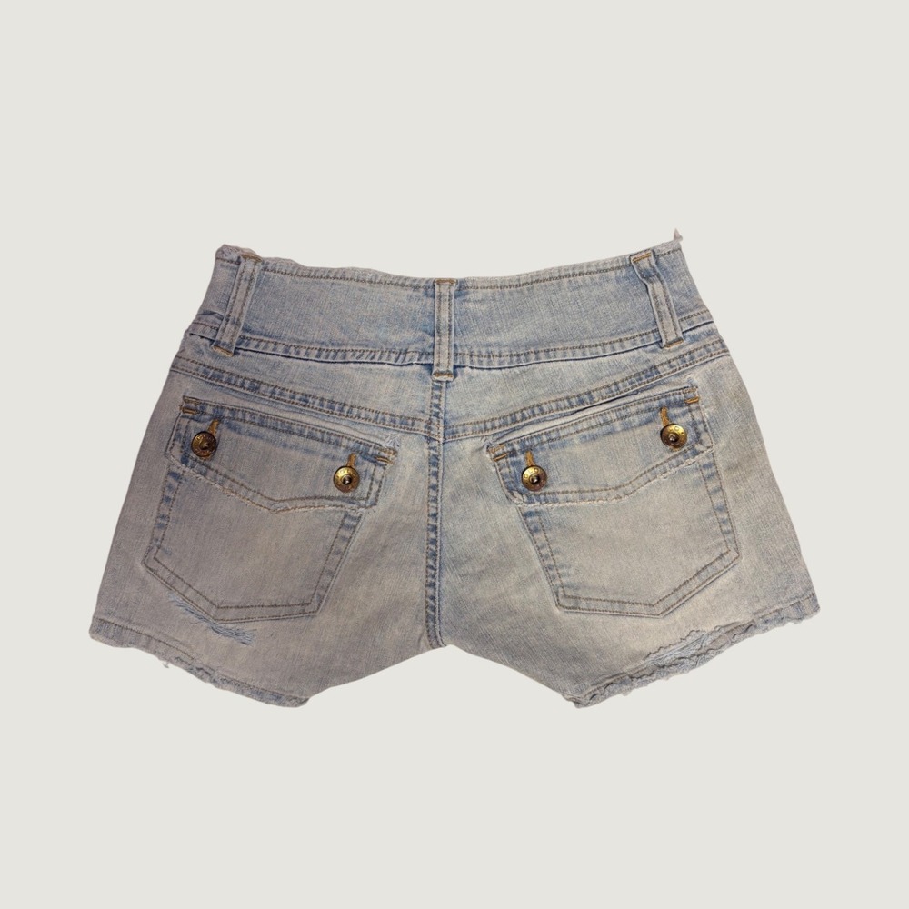 Y2K GLO Vintage Light Wash Denim Mini Shorts High Waisted Raw Hem #16